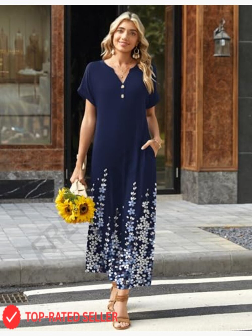 Maxi Dress Short Sleeve V-Neck Side Slit Pockets Summer Casual Sundress - Picture 4 of 7